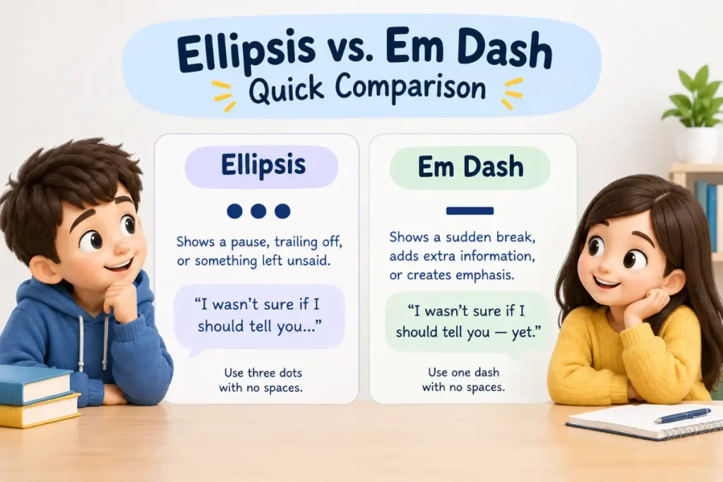 How to Use an Ellipsis Correctly: Ellipsis vs. Em Dash: Quick Comparison.
