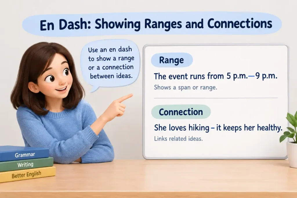 Hyphen vs En Dash vs Em Dash showing En Dash: Showing Ranges and Connections with grammar examples.