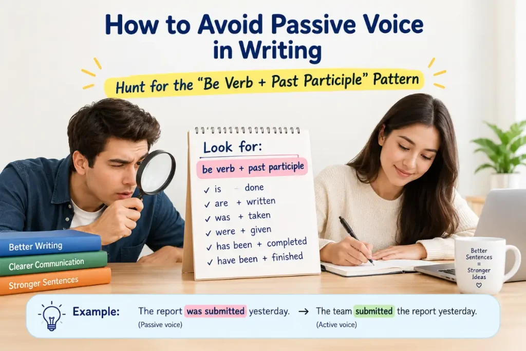 How to Avoid Passive Voice in Writing: Hunt for the “Be Verb + Past Participle” Pattern.