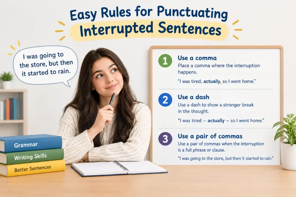 How to Punctuate an Interrupted Sentence with Easy Rules for Punctuating Interrupted Sentences.