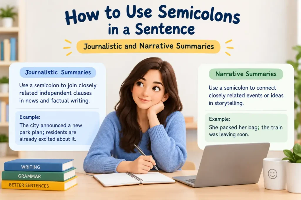 How to Use Semicolons in a Sentence for Journalistic and Narrative Summaries.