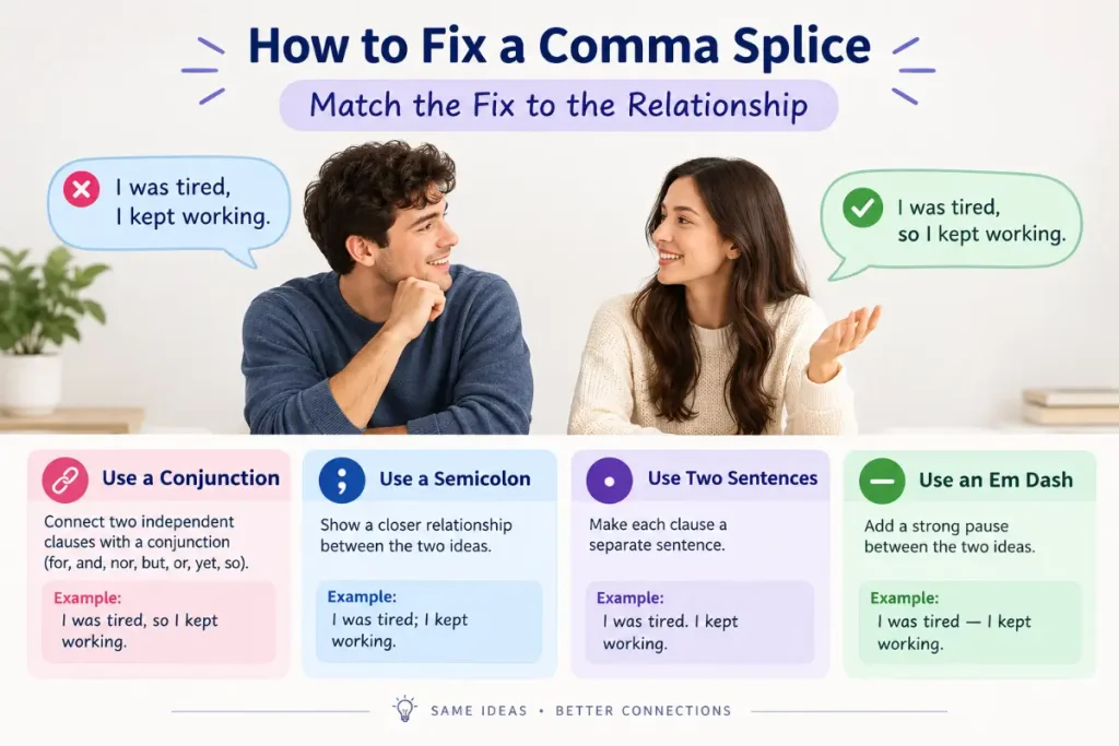 How to Fix a Comma Splice: Match the Fix to the Relationship between Ideas.
