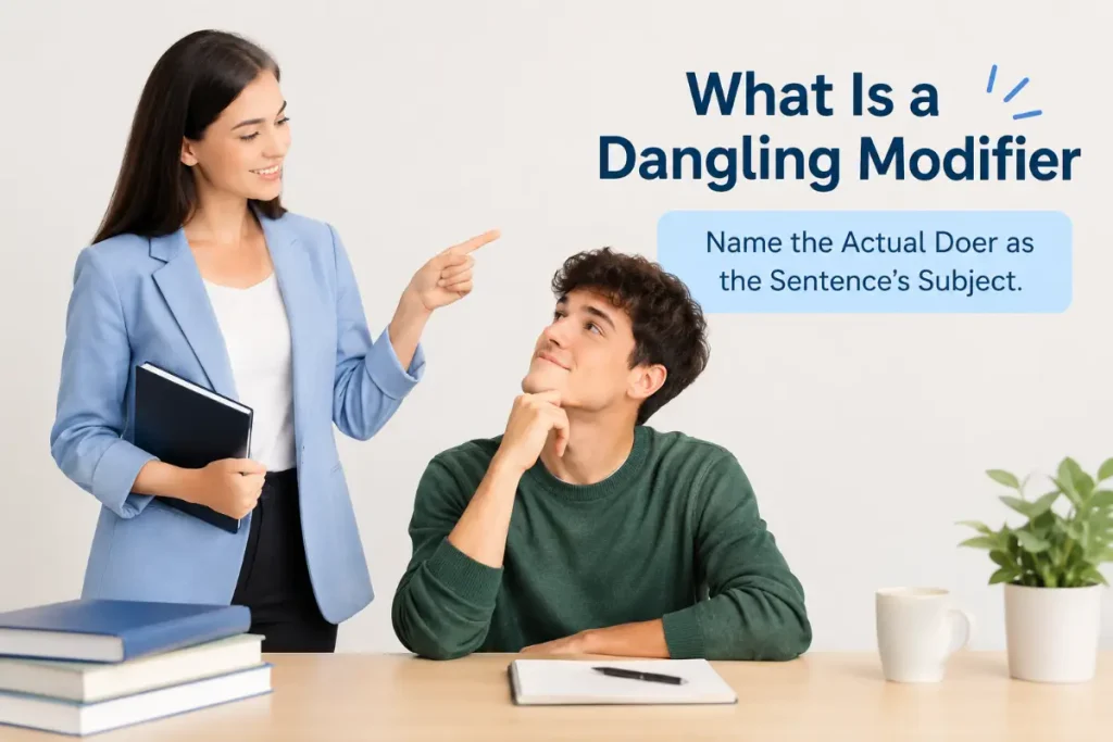 What Is a Dangling Modifier showing how to name the actual doer as the sentence’s subject.