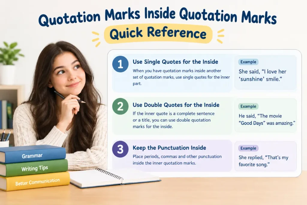 Quotation Marks Inside Quotation Marks Rules with Quotation Marks Inside Quotation Marks: Quick Reference.
