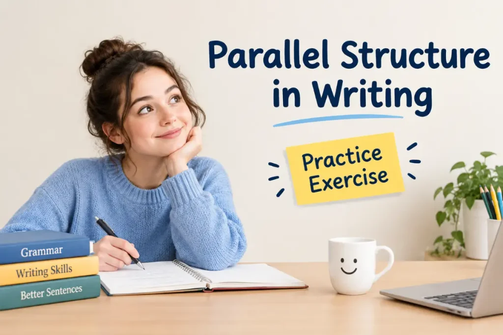 Parallel structure in writing practice exercise with a student studying grammar at a desk.
