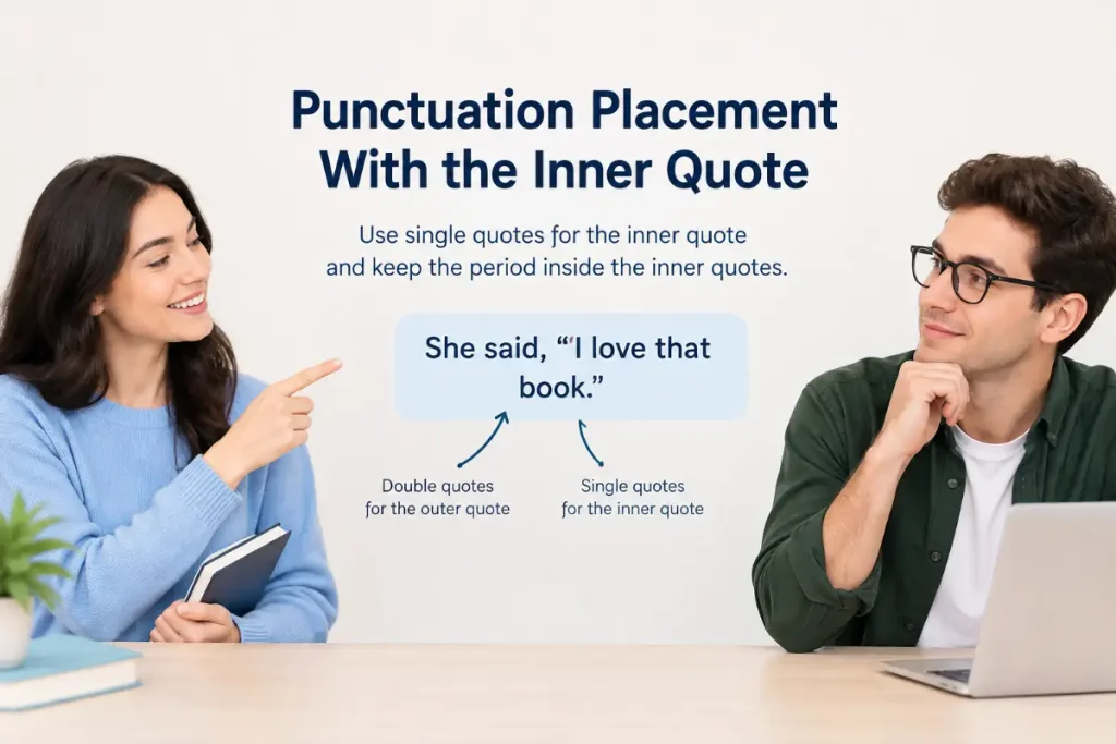 Quotation Marks Inside Quotation Marks Rules showing punctuation placement with the inner quote.
