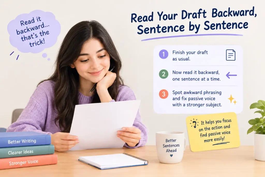 Read Your Draft Backward, Sentence by Sentence — a guide to avoiding passive voice.