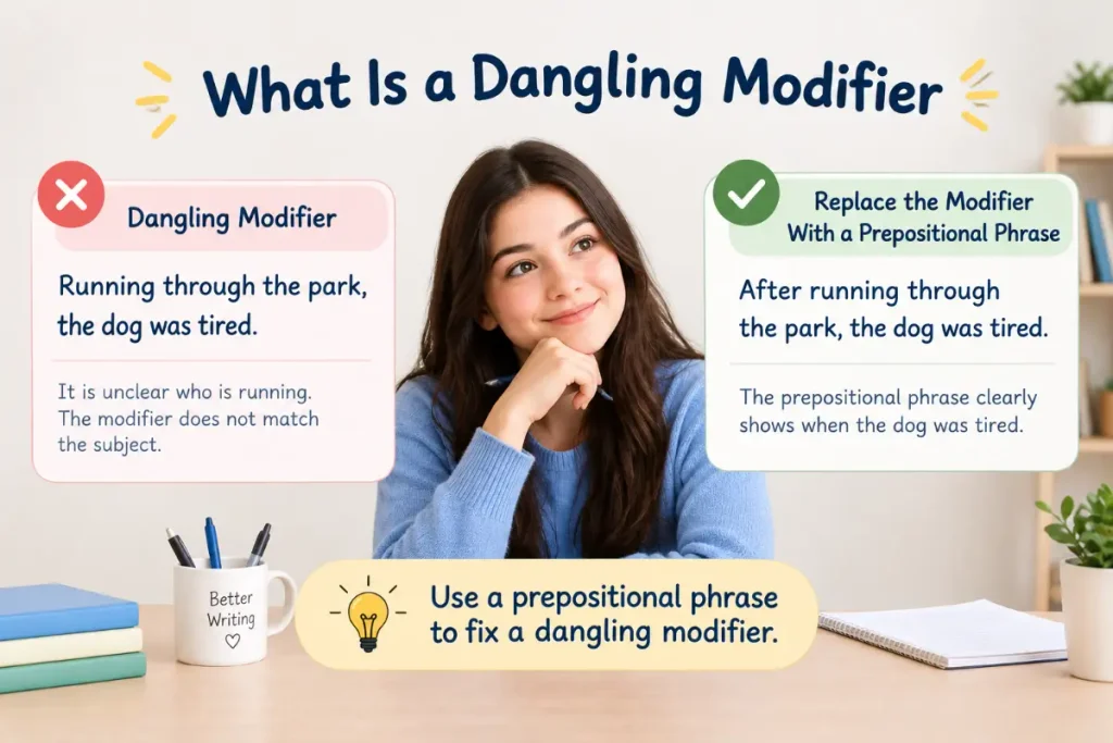 What Is a Dangling Modifier: Replace the Modifier With a Prepositional Phrase for clearer writing.