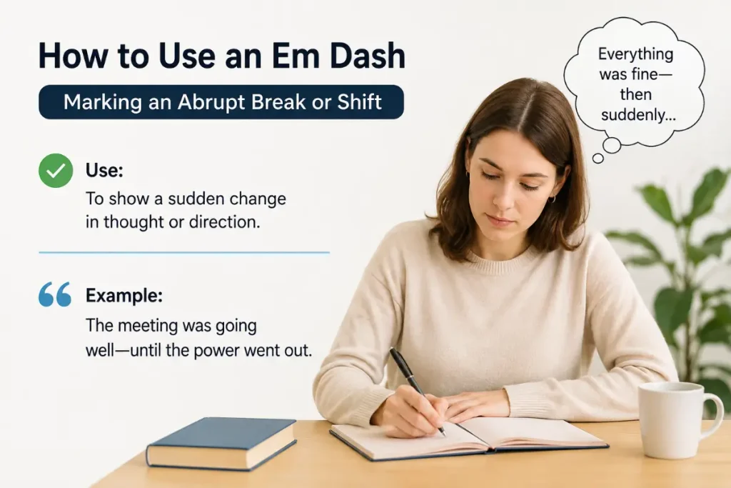 How to Use an Em Dash infographic showing a woman learning how an em dash marks an abrupt break or shift.