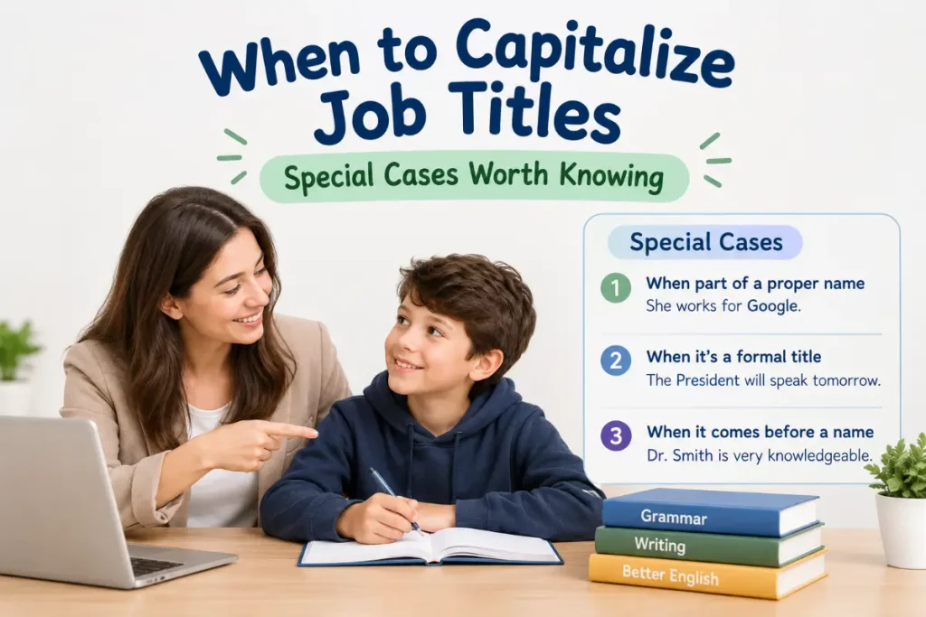 When to Capitalize Job Titles showing Special Cases Worth Knowing with a teacher and student.