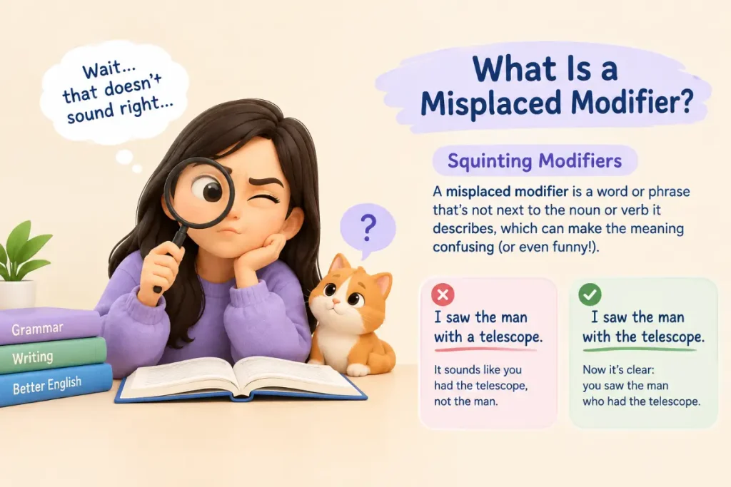 What Is a Misplaced Modifier? — Squinting Modifiers explained with a clear grammar example.