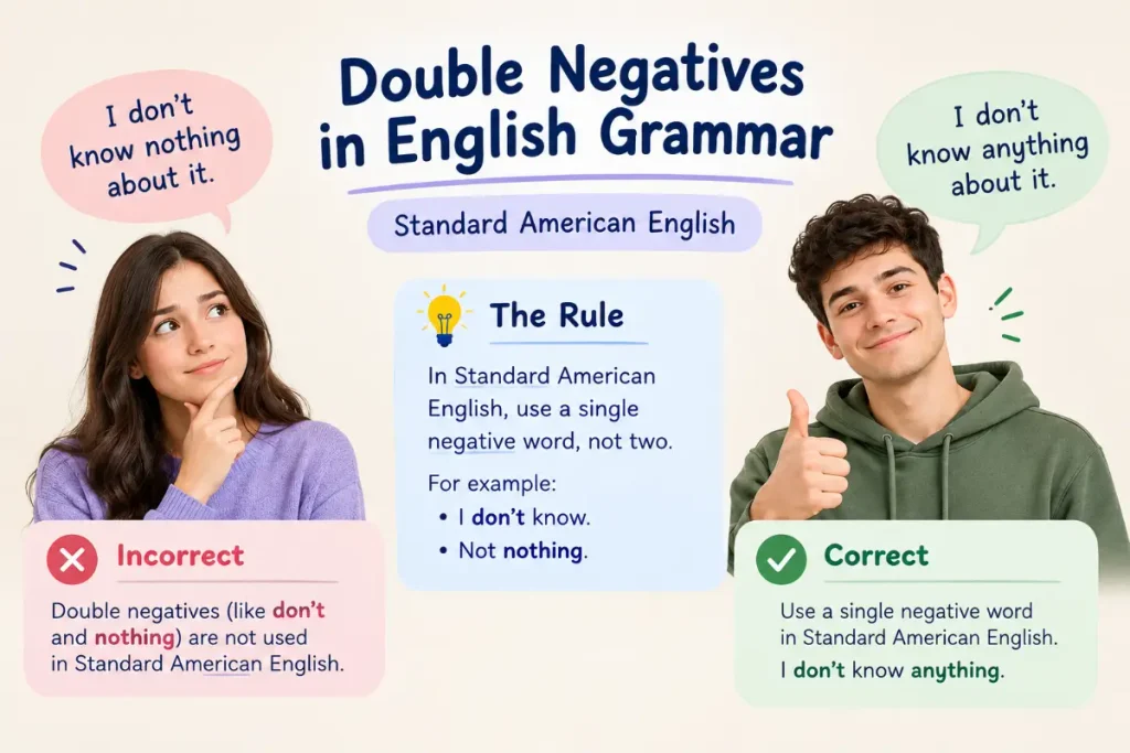 Double Negatives in English Grammar — Standard American English examples of correct usage.