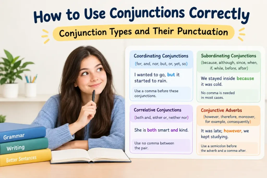 How to Use Conjunctions Correctly: Conjunction Types and Their Punctuation in a realistic educational illustration.