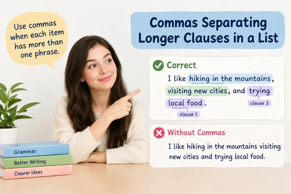 How to Use Commas in a List: Commas Separating Longer Clauses in a List educational guide.