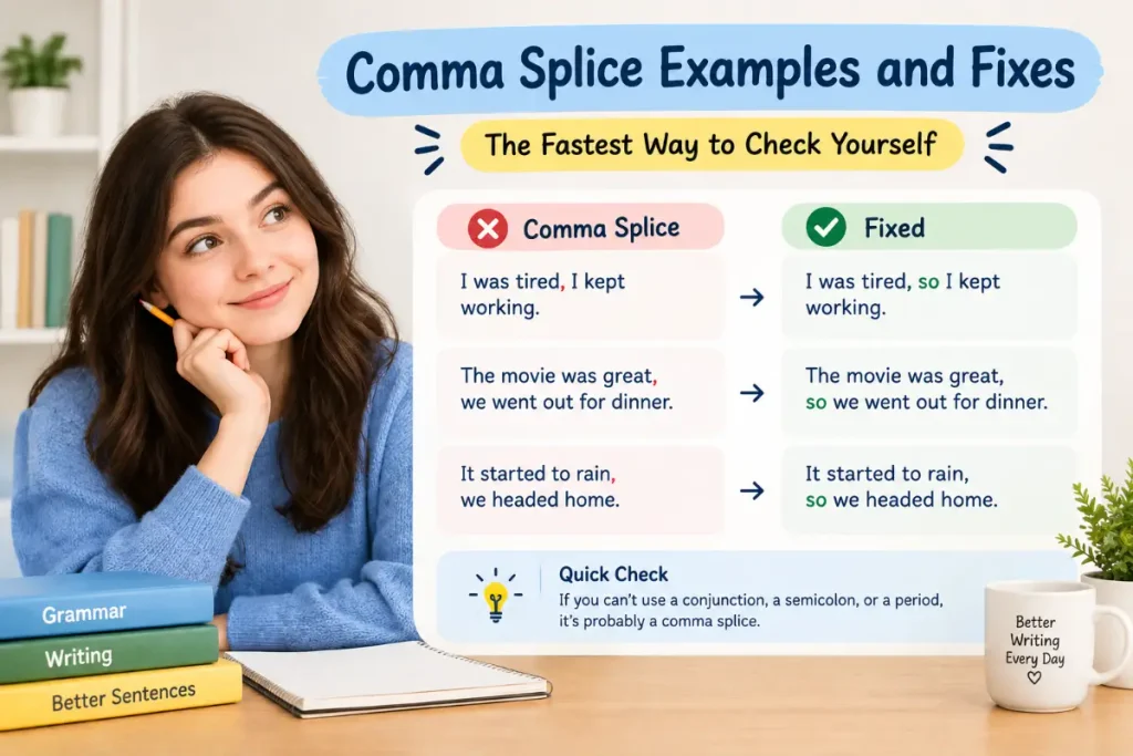 Comma Splice Examples and Fixes showing The Fastest Way to Check Yourself with grammar corrections.
