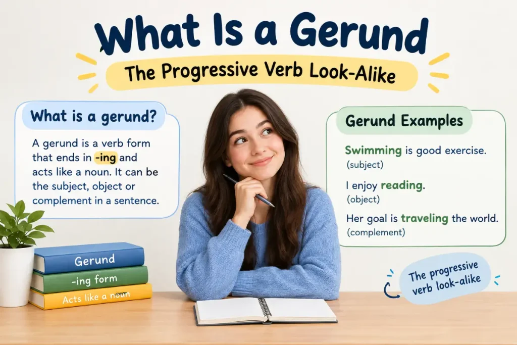 What Is a Gerund: The Progressive Verb Look-Alike in a cute educational illustration.