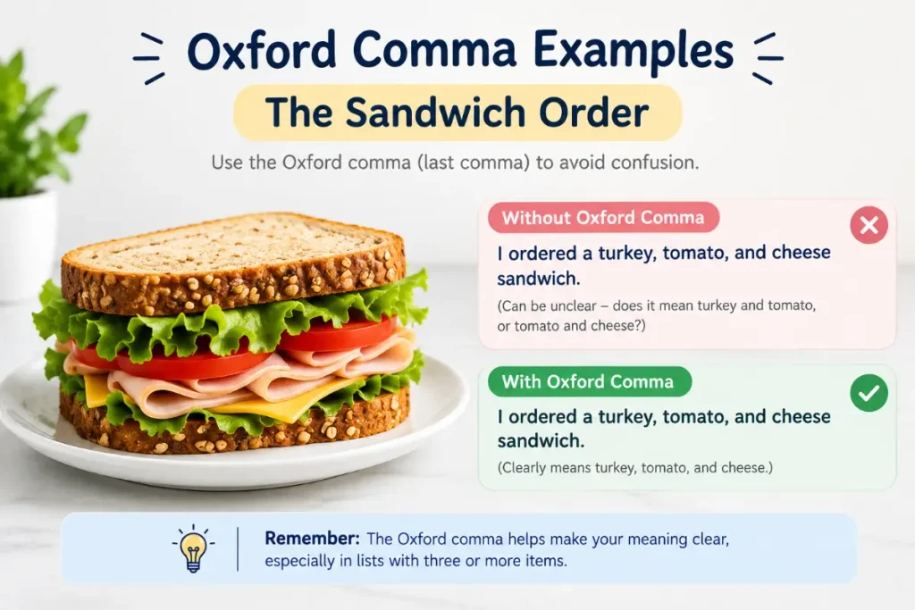 Oxford Comma Examples: The Sandwich Order comparison showing comma use in a sandwich list.