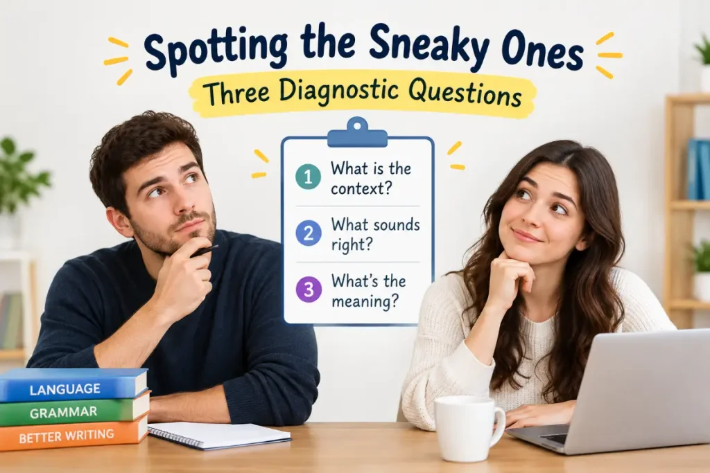 Three Diagnostic Questions for spotting sneaky language and grammar issues.