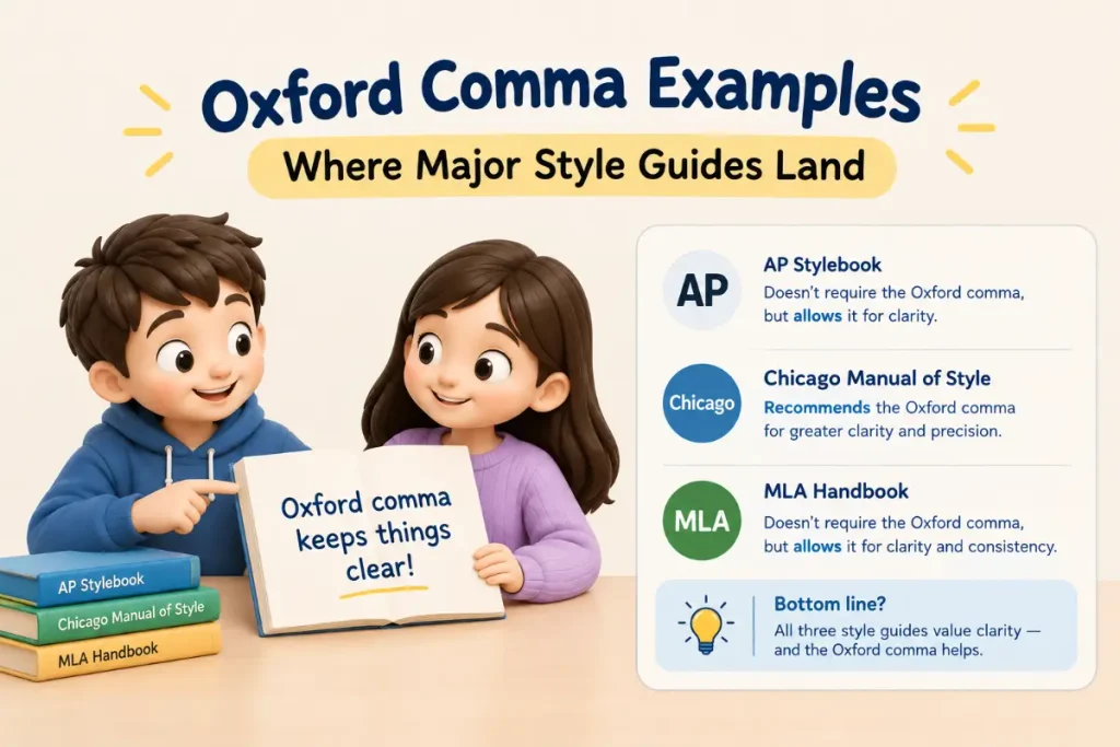 Oxford Comma Examples showing where major style guides land on Oxford comma usage.