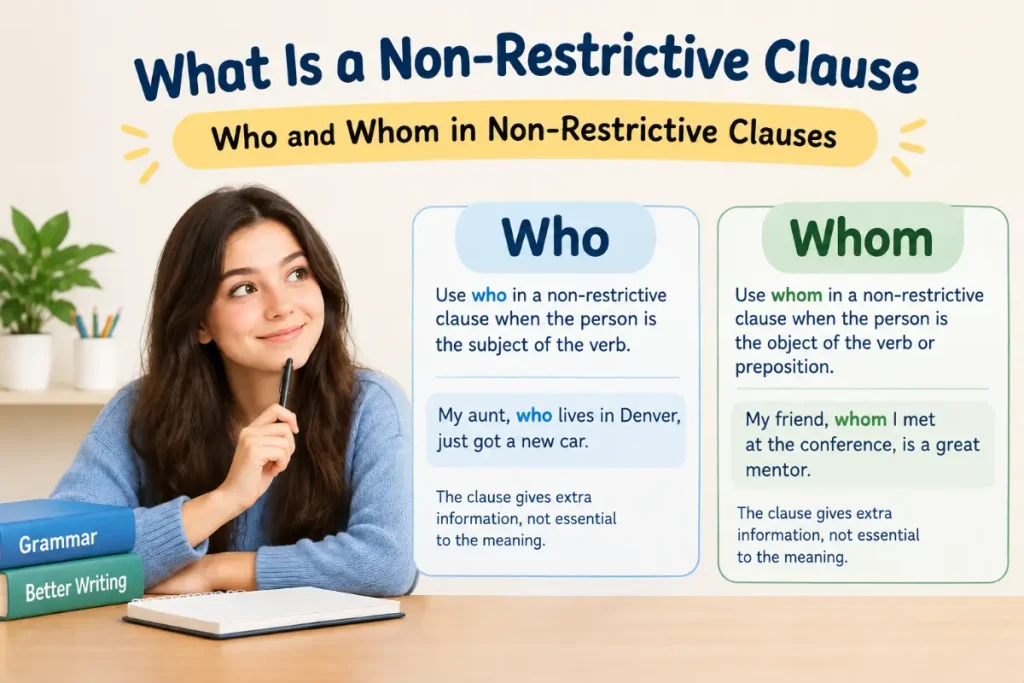 What Is a Non-Restrictive Clause: Who and Whom in Non-Restrictive Clauses explained with examples.