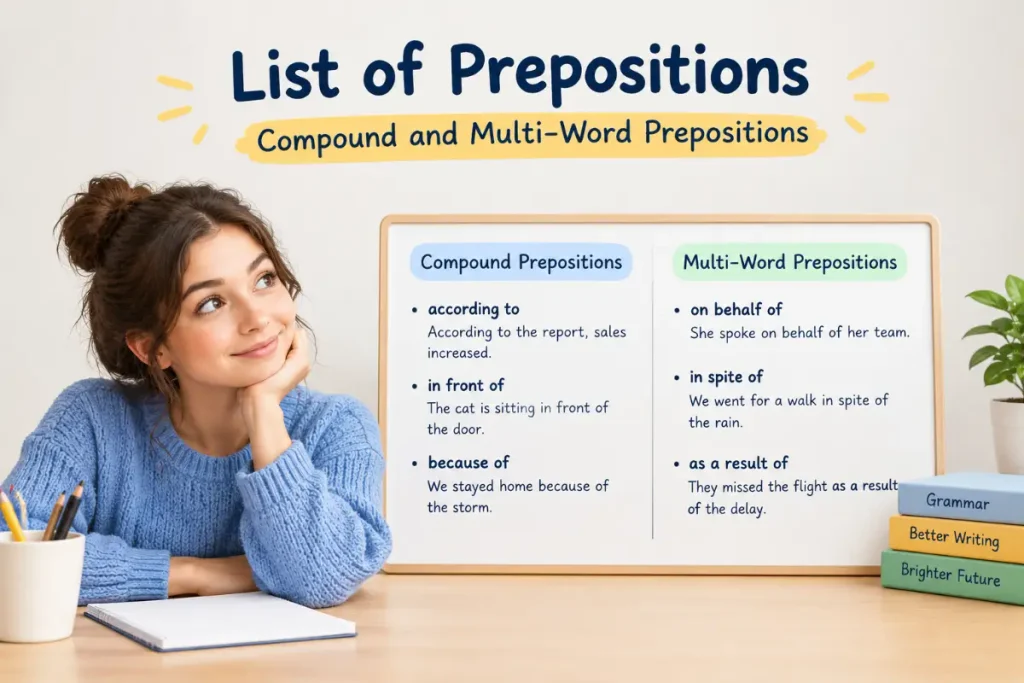 List of Prepositions showing compound and multi-word prepositions