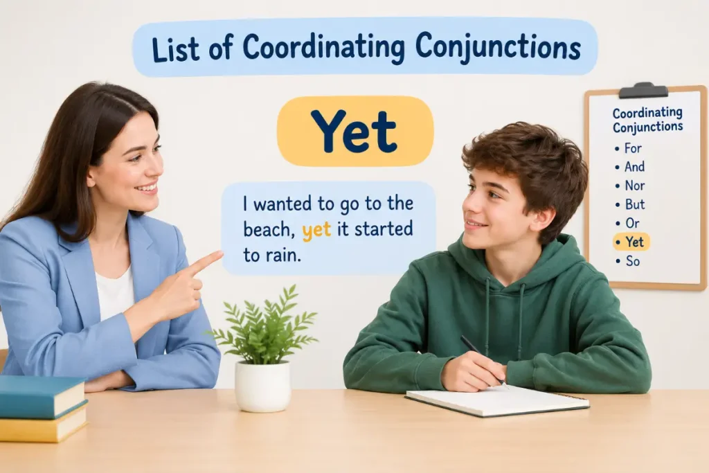 List of Coordinating Conjunctions featuring Yet in an educational lesson.