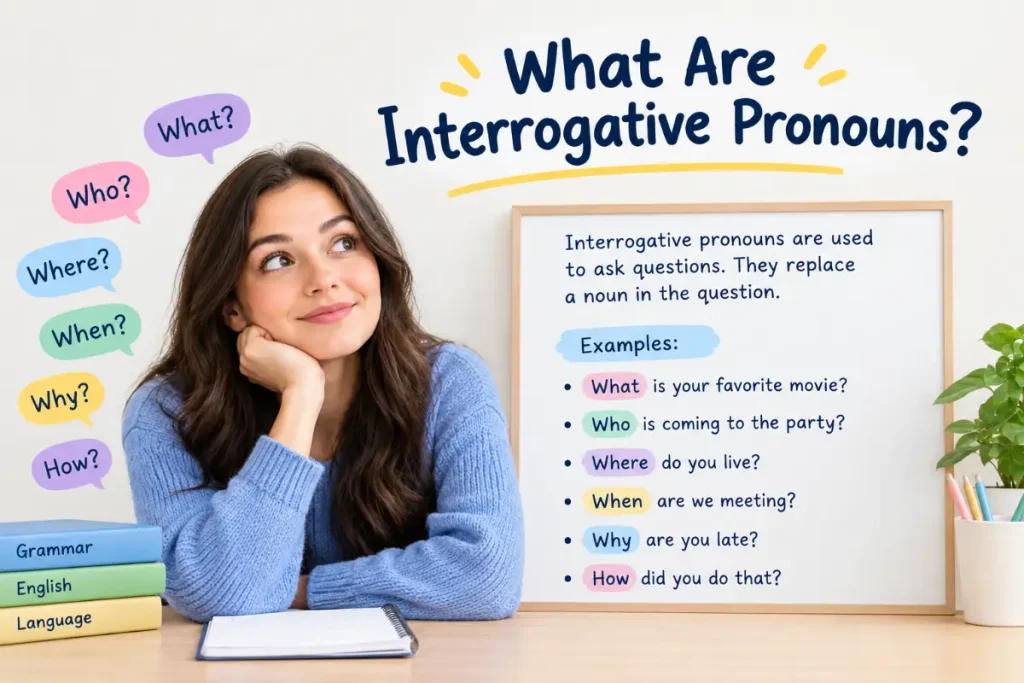 Interrogative pronouns explained with a student and examples
