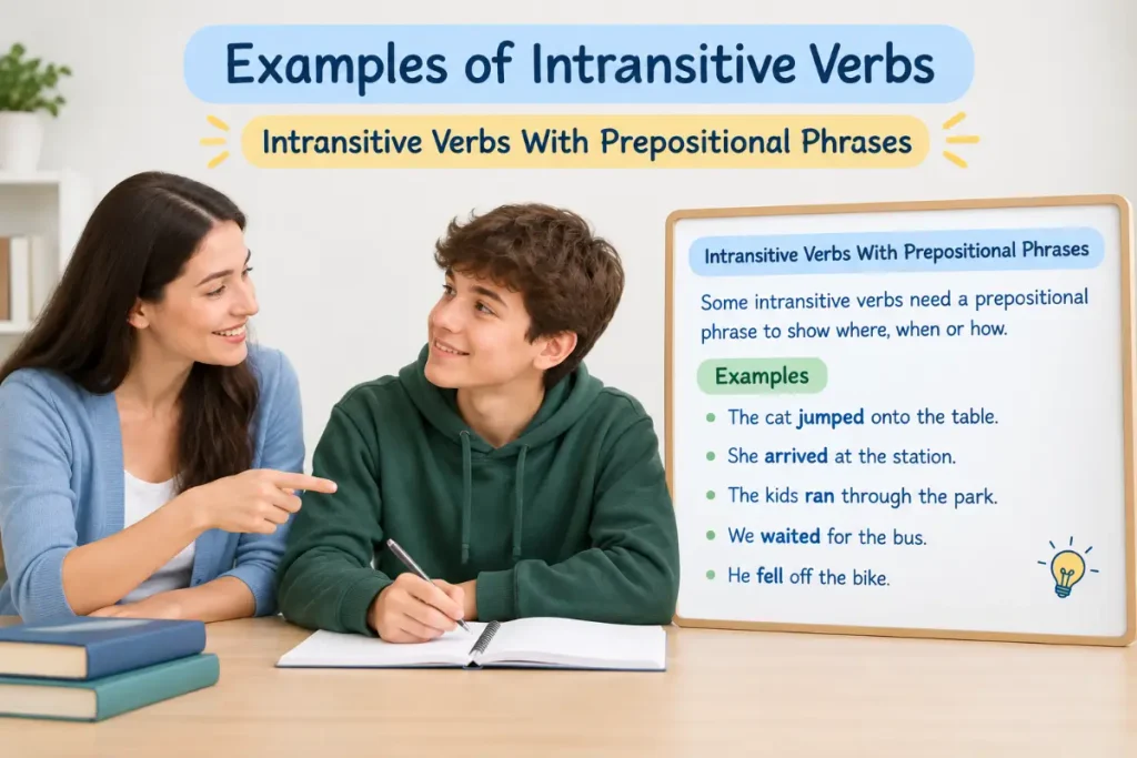 Examples of Intransitive Verbs with prepositional phrases in a realistic educational scene.