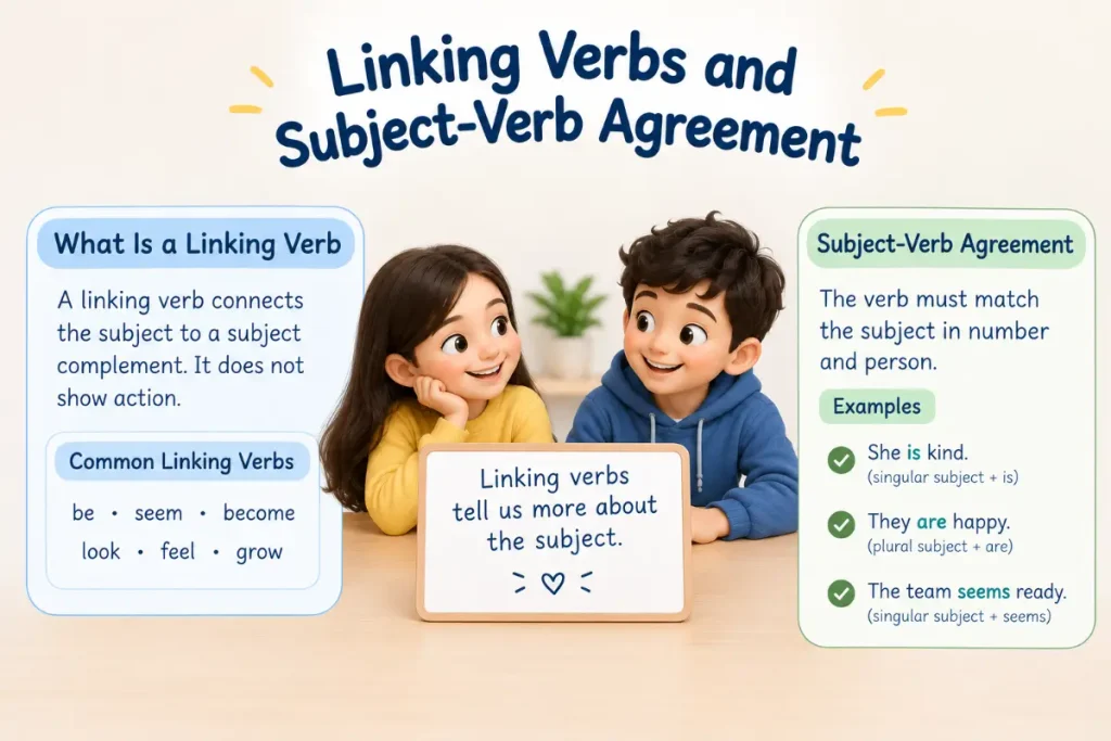 Linking Verbs and Subject-Verb Agreement explained with cute realistic classroom characters.