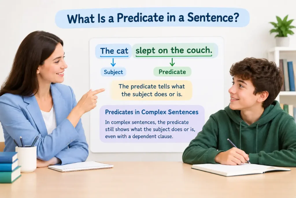 What Is a Predicate in a Sentence? explained with a realistic classroom lesson.