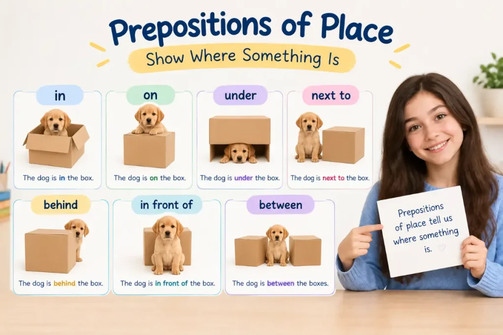 Prepositions of Place showing common location words with clear examples using a box and puppy.