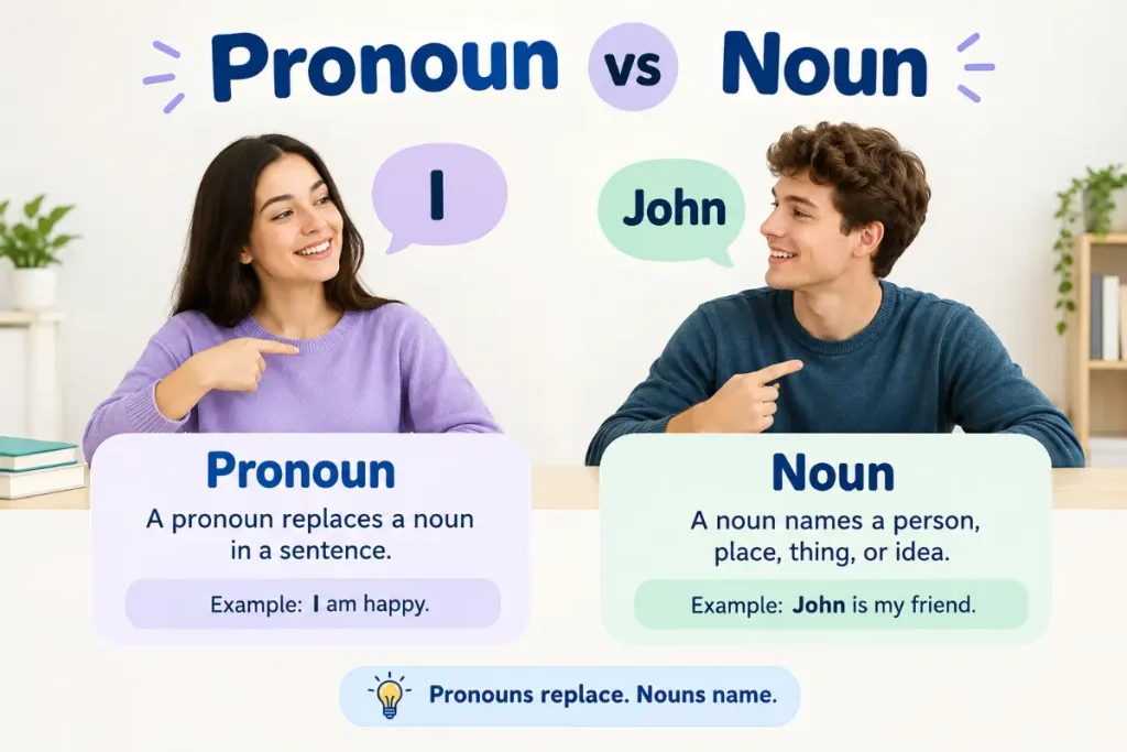 Pronoun vs. Noun explained with realistic characters and simple examples.