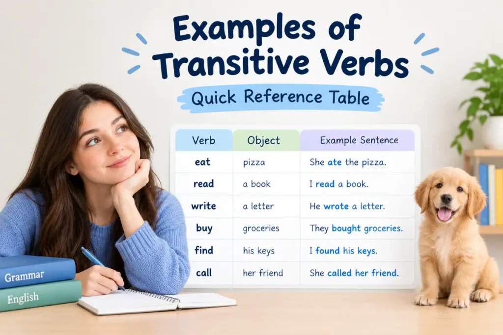 Examples of transitive verbs with a quick reference table of verbs, objects, and sample sentences.