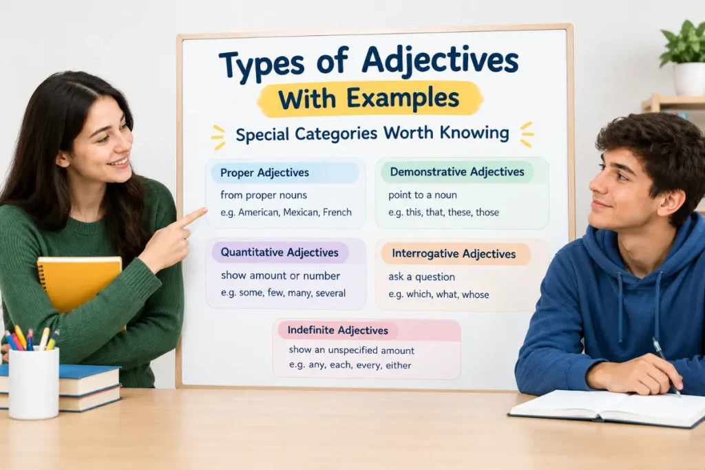 Types of Adjectives With Examples and special categories explained visually.