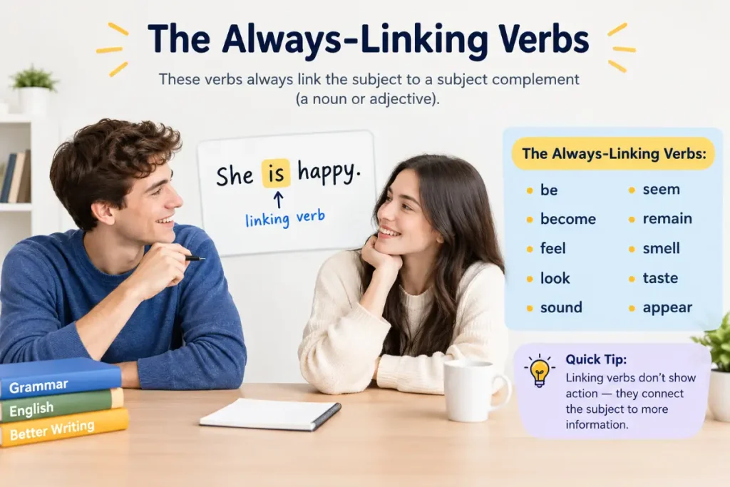 The Always-Linking Verbs explained with students and a grammar example.