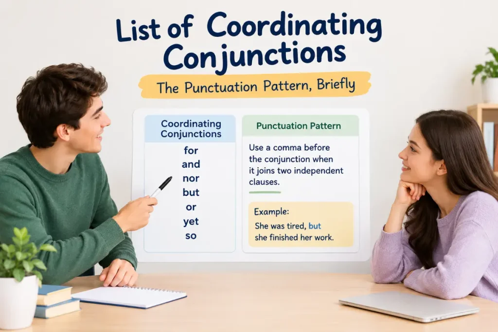 List of Coordinating Conjunctions and the punctuation pattern briefly explained.
