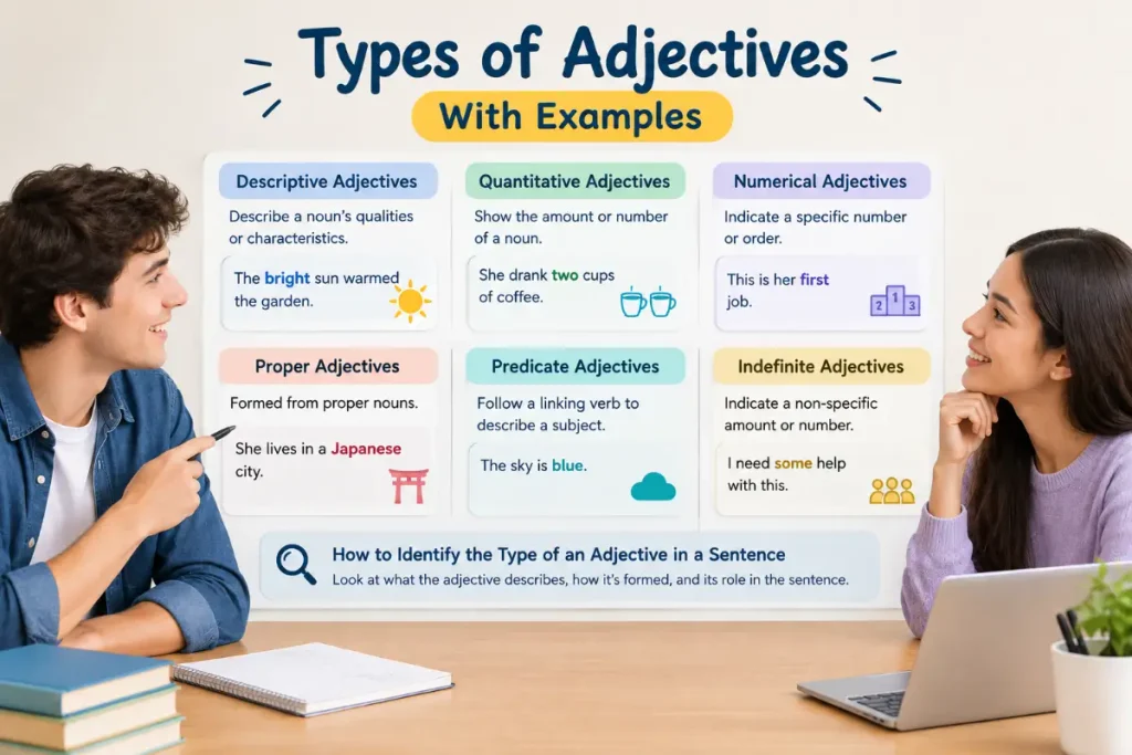 Types of Adjectives With Examples: Learn to identify adjective types in sentences.