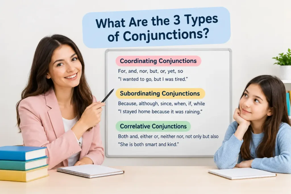 What Is a Conjunction? Types of conjunctions explained in a classroom.