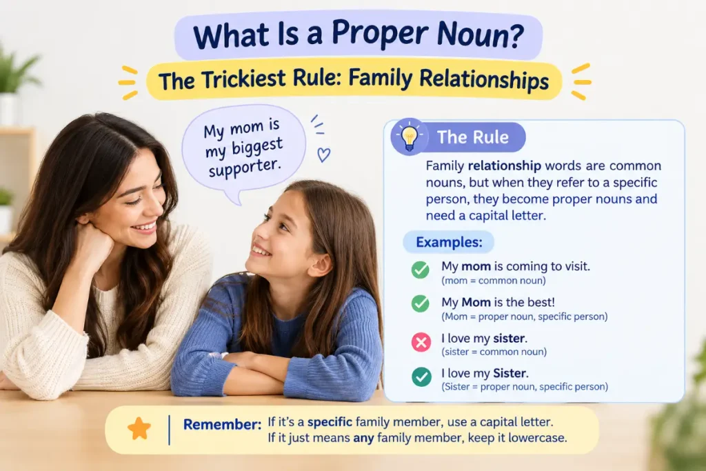 What Is a Proper Noun? Family relationship capitalization rules with examples.
