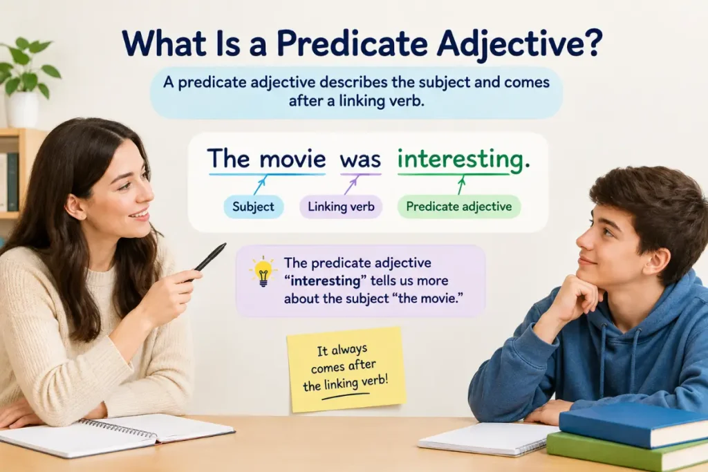 What Is a Predicate Adjective? Example showing its place in a sentence.