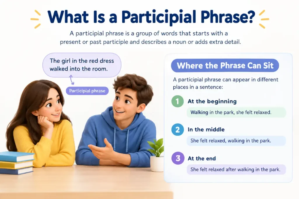 What Is a Participial Phrase? explained with realistic characters and examples showing where the phrase can sit in a sentence.