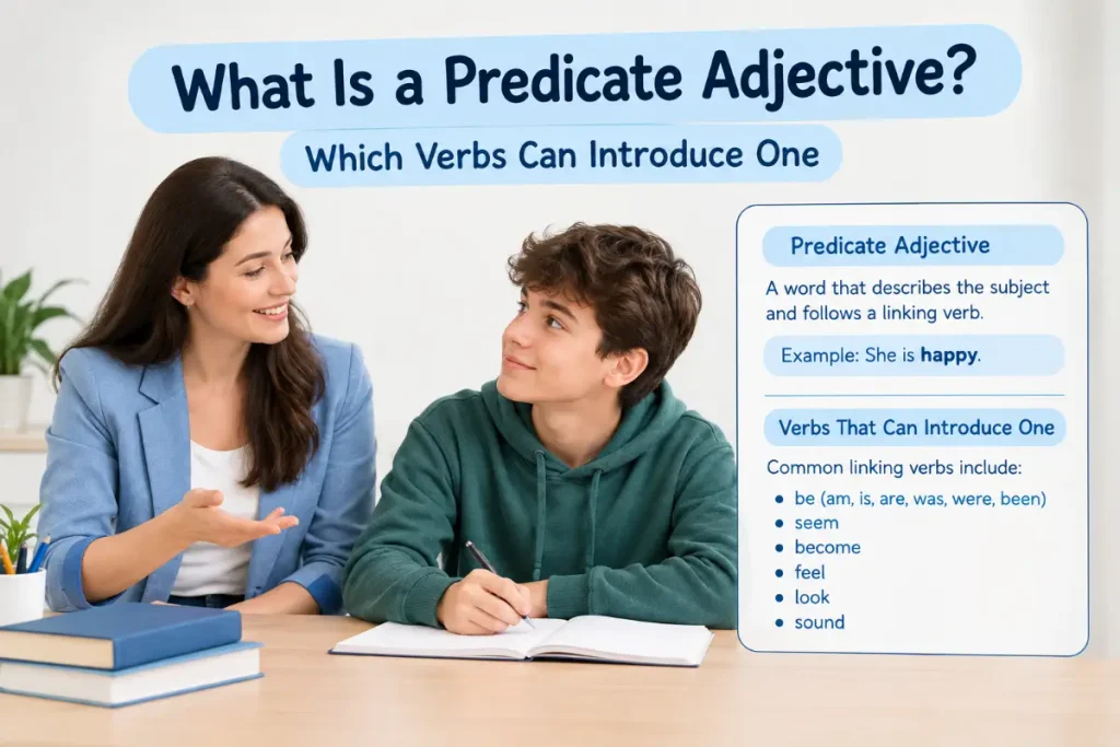 What Is a Predicate Adjective? Teacher explaining linking verbs to a student.